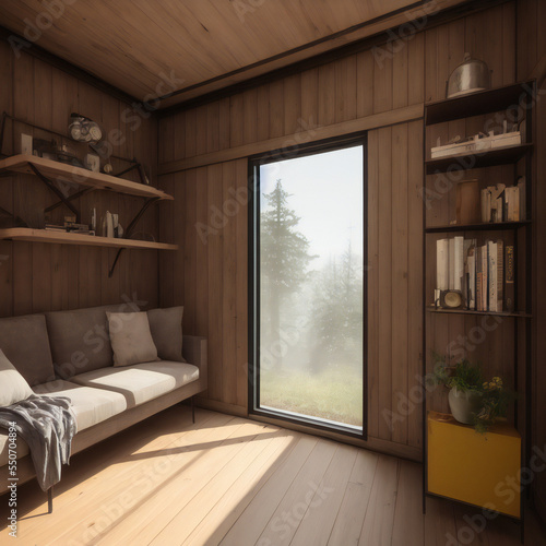 Interior room shot with bookcases of a converted shipping container home. Rustic wood design. 6 of 39