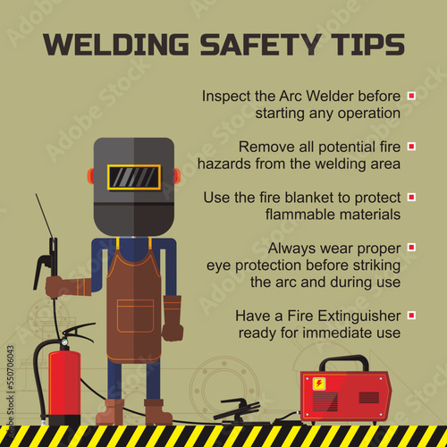 Welding work safety tips banner information design. Worker wearing mandatory personal protective equipment.