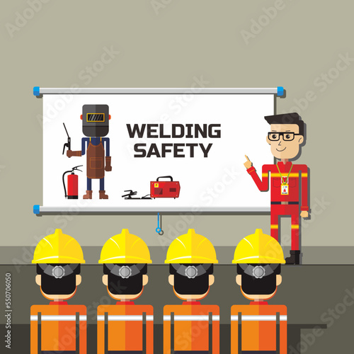 Safety officer or personal doing training about welding work. Presentation of education illustration. Construction or maintenance work.