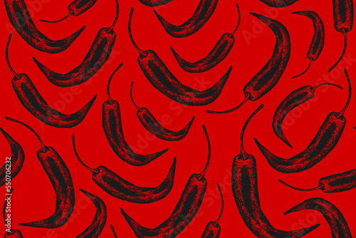 Seamless background of bright red color with hot peppers. Chili Pepper hand drawn vector illustration. Vegetable engraved style object