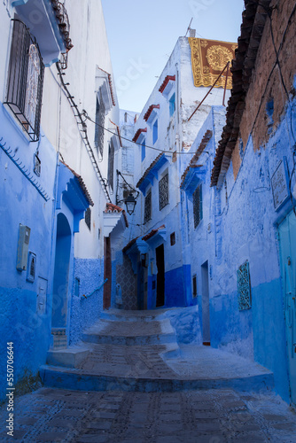 Narrow, cobblestone alley  in the Old Town section of Chefchaouen, Morocco, where homes, walls and steps are painted beautiful shades of blue  © Claudia