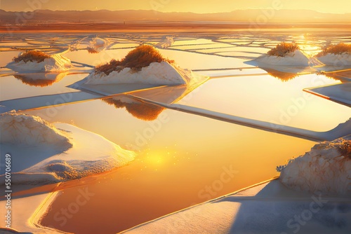 Canvas Print Beautiful shot of bright salt fields under a sunset sky