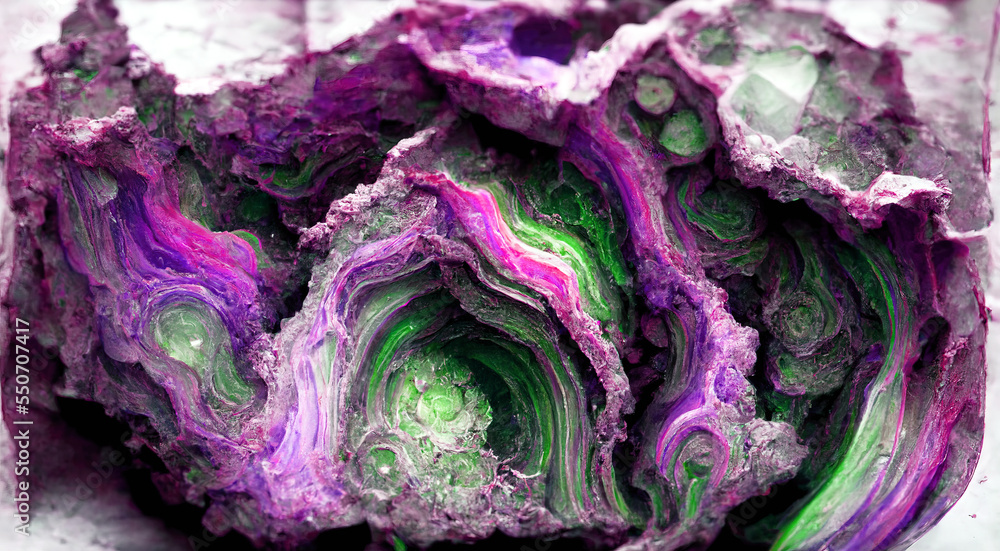 Obraz premium WaWallpaper background of natural volcanic agate stone texture. Fairburn agate mineral rock. Pure quartz marble formation art. Purple, green and white agate gemstone. Decorative rock pattern.