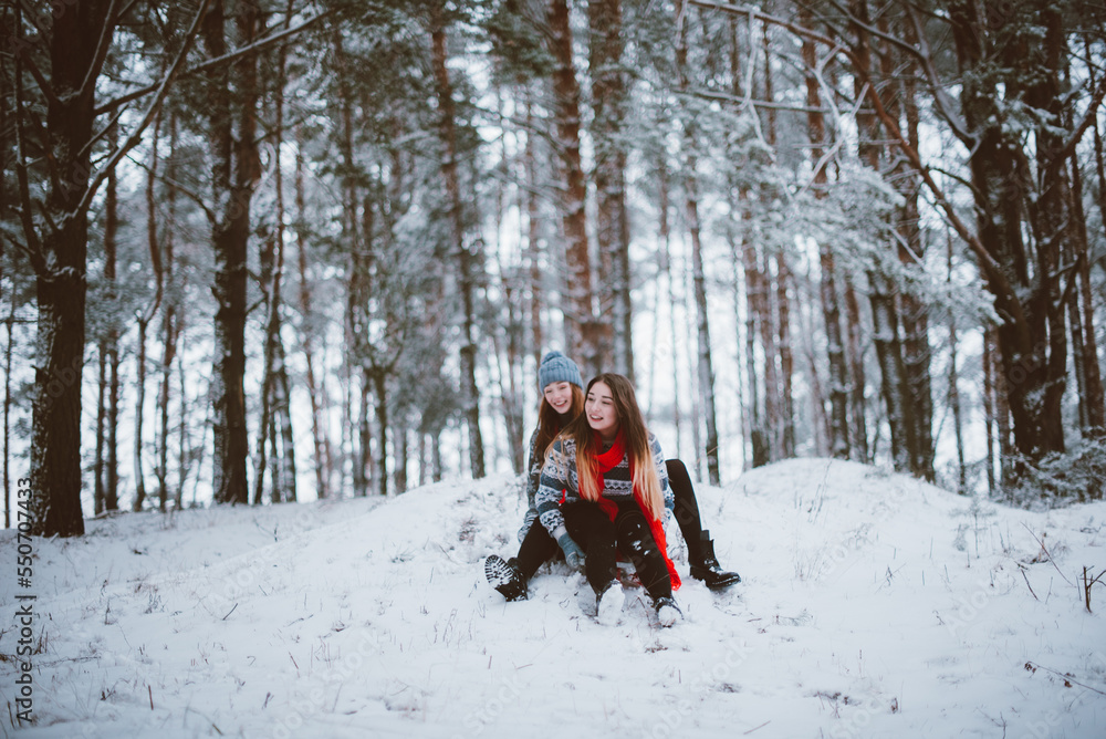 Naklejka premium Close up fashion portrait of two sisters hugs and having fun, ride on sled in winter time forest, wearing sweaters and scarfs,best friends couple outdoors, snowy weather