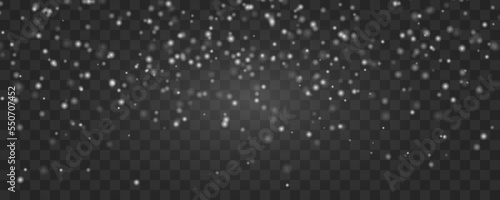 Realistic vector falling snow overlay. Shining snowflakes background for Christmas banner on transparent. Stock royalty free vector illustration