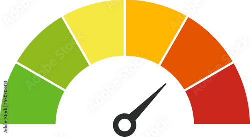 Vector color speedometer meter with arrow for dashboard with green, yellow, orange and red indicators. Gauge of tachometer. Low, medium, high and risk levels. Bitcoin fear and greed index