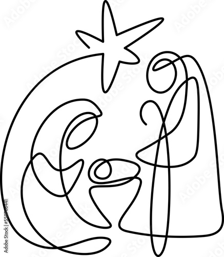 Christmas Vector Christian icon religious Nativity Scene of baby Jesus with Mary Joseph and star. Continuous art line drawing, print and logo design, emblem one single line, isolated abstract