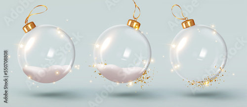 Christmas ornaments ball. Set Transparent glass Christmas balls. Realistic 3d Xmas decoration design. New Year's holiday objects. Vector illustration