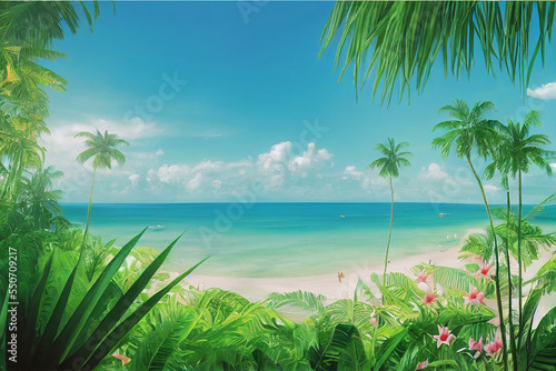 Beautiful tropical beach with white sand  palm trees  turquoise ocean against blue sky with clouds on sunny summer day. Perfect landscape background for relaxing vacation  island of Maldives.