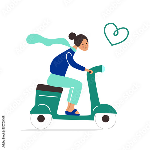 Cute woman on scooter. Flat vector illustration of woman on scooter