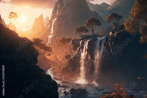 sunset rainforest rock canyon with waterfall  jungle river with tropical vegetation  exotic fantasy landscape  fictional landscape created with generative ai