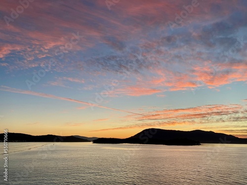 Amazing beautiful sunset over the sea from BC Ferry travel from Vancouver  Tsawwassen Terminal  to Victoria  Swartze Bay Terminal  