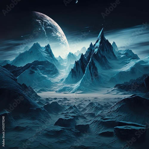 Fantasy night mountain landscape. Cold planet landscape.