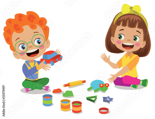 little kids and friend play with toy clay plasticine