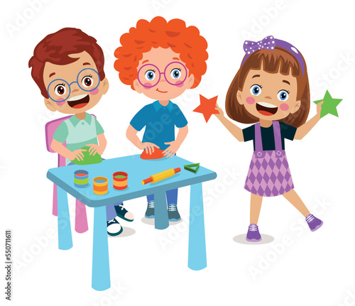 little kids and friend play with toy clay plasticine