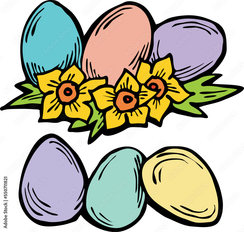 Easter eggs with spring flowers. Line art doodle vector illustration. Set of elements for decoration for happy Easter party. Easter eggs with spring flowers. Line art doodle vector illustration. Set of elements for decoration for happy Easter party.