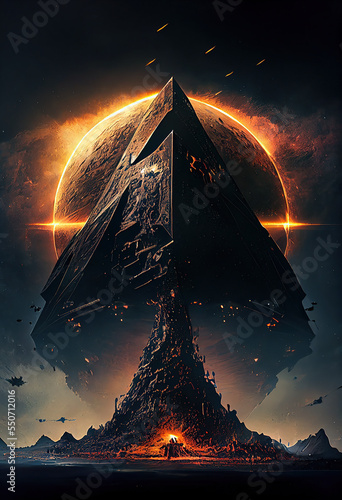Fotografia, Obraz a giant pyramid floating with fire runes, several ships, alien invasion, dark sk