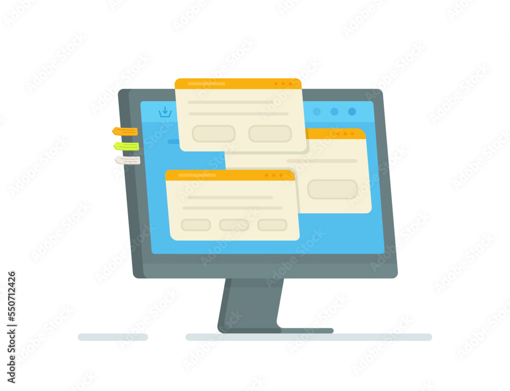 Vector illustration of web tabs. Monitor with open tabs isolated on white background. Doing your homework. IT work. Vector illustration of web tabs. Monitor with open tabs isolated on white background. Doing your homework. IT work.