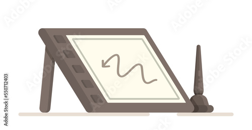 Vector illustration of the concept of graphics tablet. Wooden man standing still, graphics on a tablet, pen, notebooks and coffee. Doing what you love to do. Creative person. 