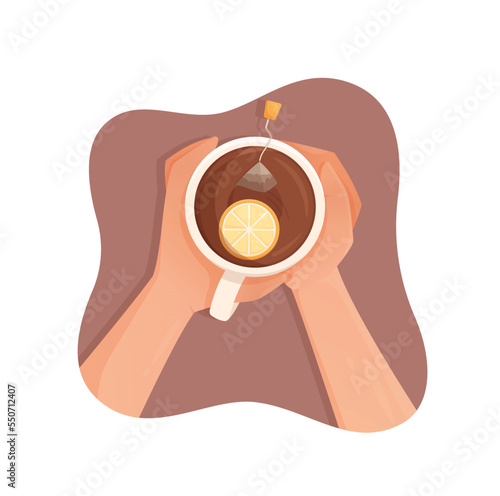 A cup of tea during a break in the workday. Vector illustration of a hot cup of tea with lemon. Lunch at work. 