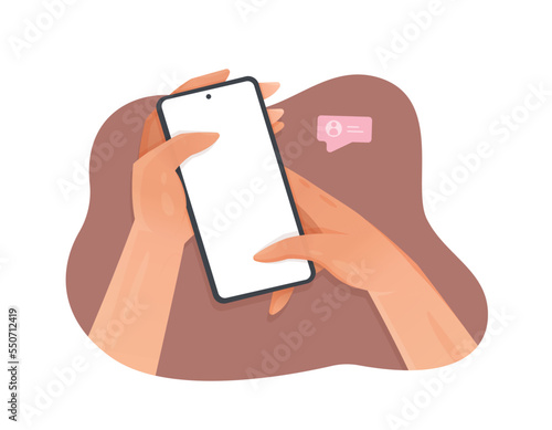 Checking social networks on your phone. Vector illustration of hands holding phone on purple background. Listen to voice, watch messages in social networks