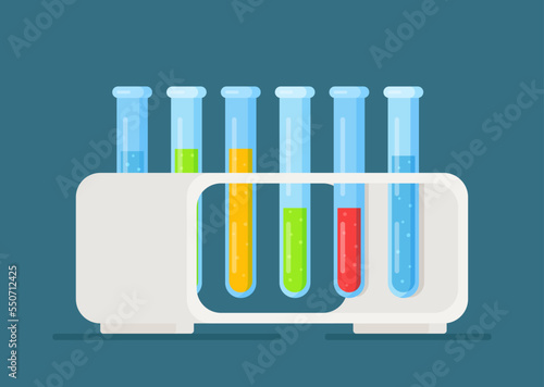 Glass test tubes with different substances. Vector illustration of test tubes in a rack. Conducting an investigation. 