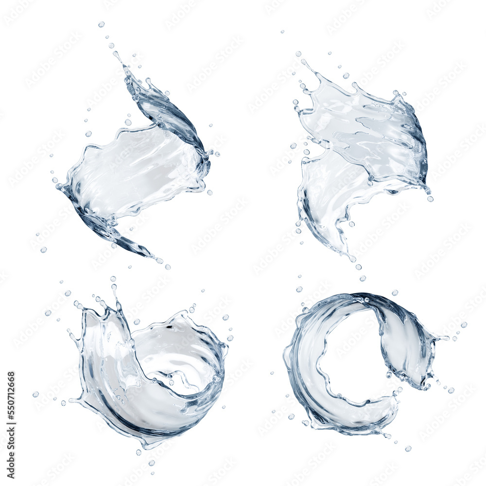 Set of pure water splashes. 3d illustration - obrazy, fototapety, plakaty 