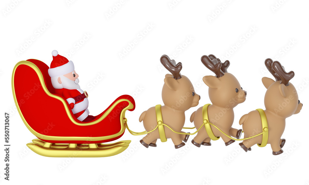 Santa Claus in red and gold sleigh with deer isolated on white background. 3d rendering Santa Claus in red and gold sleigh with deer isolated on white background. 3d rendering