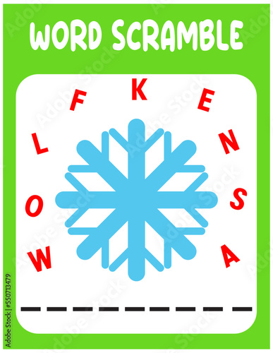 Snowflake Word scramble . Educational game for kids. English language spelling worksheet for preschool children.