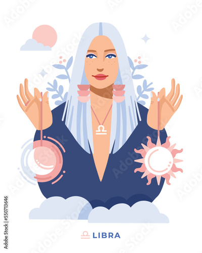 Libra zodiac sign. Horoscope. Illustration of Libra astrological sign of beautiful girl with sun and moon scales. Vector art. Mystical. Scales. Night and day. 