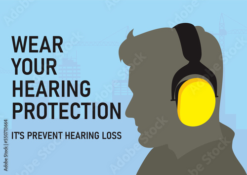 Banner and poster design on the recommendation to wear hearing protection to avoid noise. Worker with ear muff. Personal protective equipment.