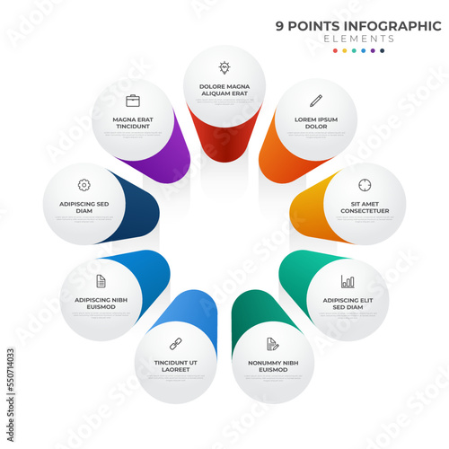 9 points circular infographic element, cycle layout diagram with icon and colorful color, can be used for presentation, banner, etc.