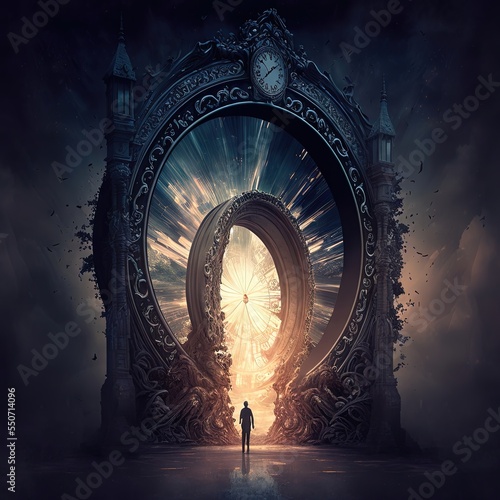 Fantasy temporary majestic stone portal to another world. Time Portal. Mysterious fantasy landscape, round arch, clock, noen light, night view. 