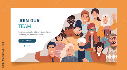 Join our team. Teamwork, cooperation, friendship concept. Multicultural team. Unity in diversity. People of different nationalities and religions cartoon characters.	
