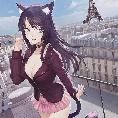 Anime key visual of a catgirl in Paris photo