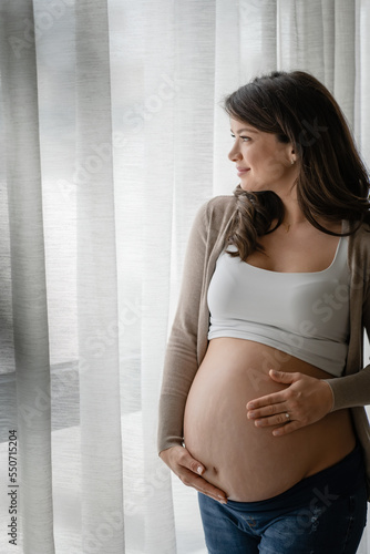 Portrait of a beautiful young pregnant woman standing by a big window and holding her belly. Always love your body. Free Download Portrait of a beautiful young pregnant woman standing by a big window and holding her belly. Always love your body. - GFXLoad