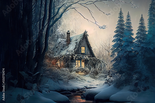 A gorgeous cottage hidden deep inside a forest in the middle of the winter. Digital artwork. © Marco