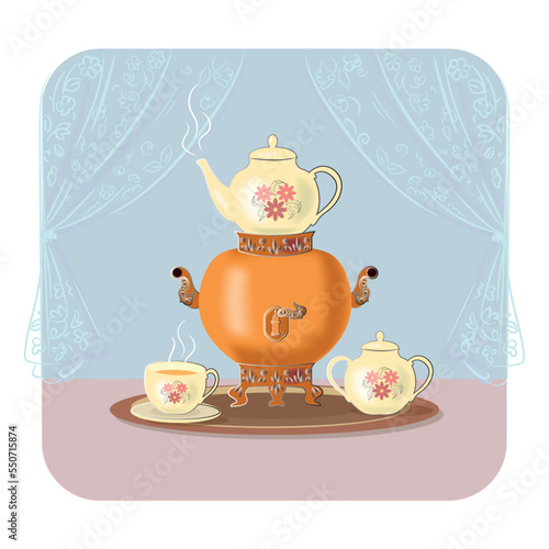 vector illustration, hot water samovar with teapot, porcelain sugar bowl with flowers and a cup of hot tea, traditional winter hot drinks, vintage style