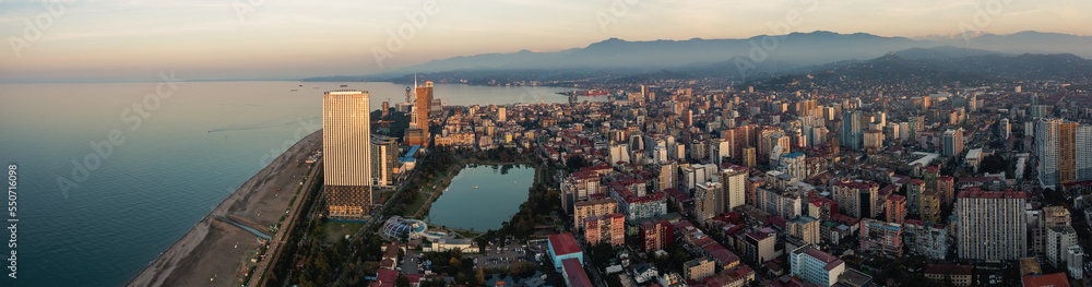 Fototapeta premium Batumi, Adjara, Georgia. Aerial panorama of old resort town from drone.