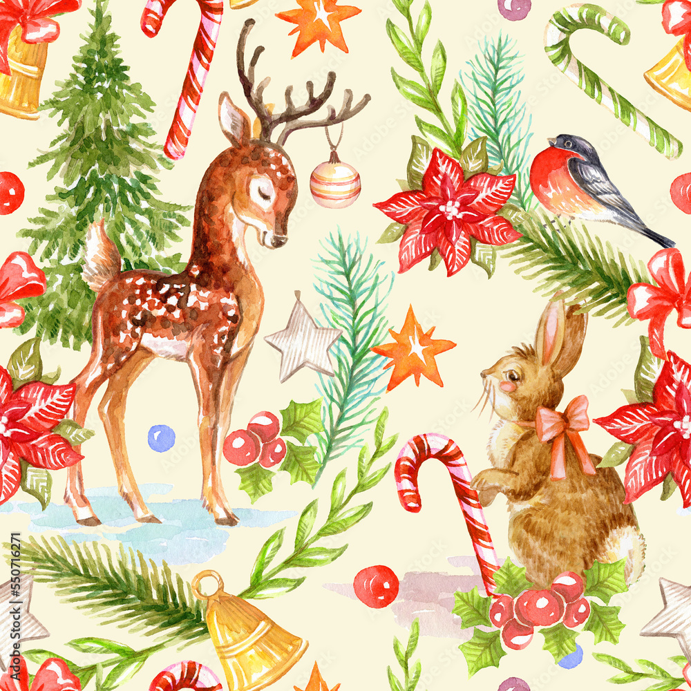 Watercolor seamless pattern Christmas animals and elements