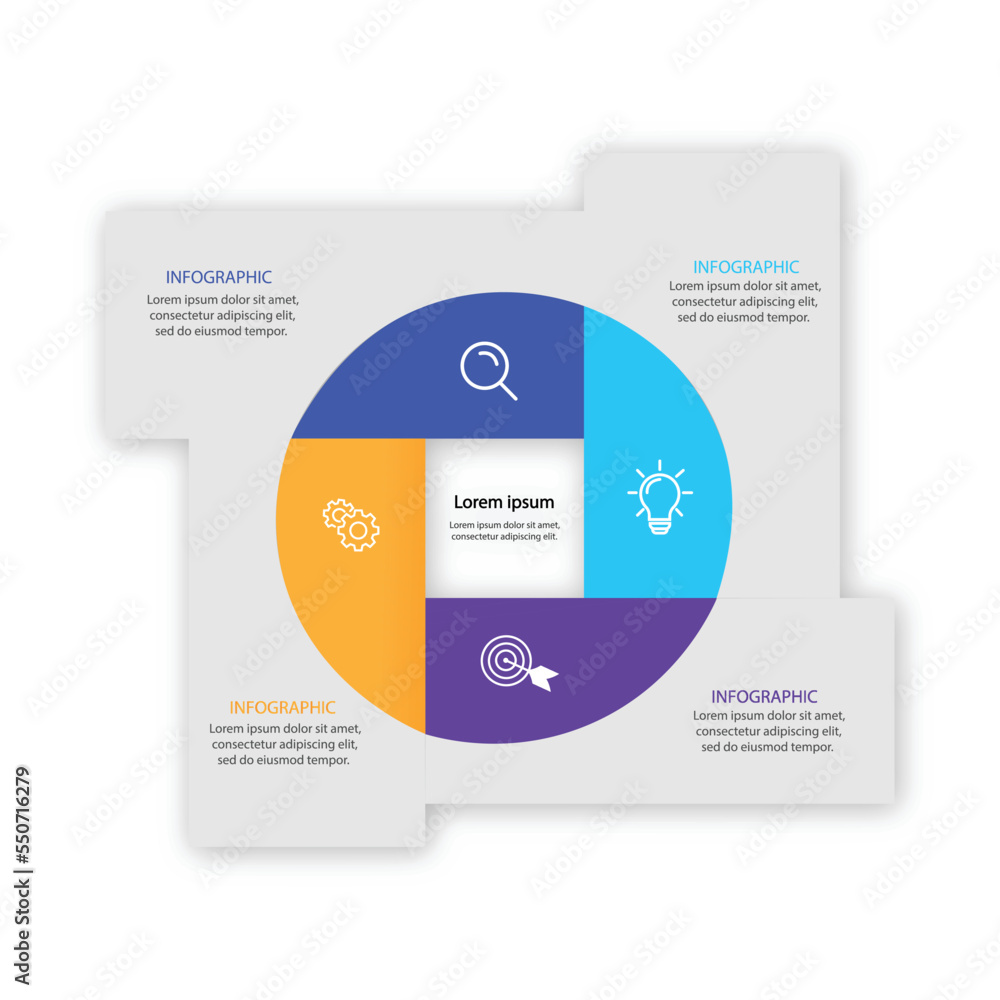 Circle divided into four parts. Template for cycle business presentation. Vector infographic design illustration with 4 options.
