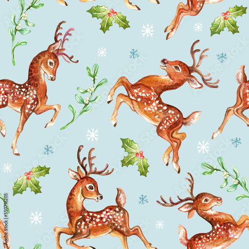 Seamless pattern deer with stars and Christmas plants watercolor blue © alinart