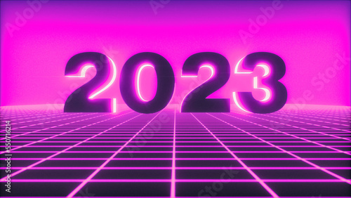the year 2023 in a neon environment (3d rendering)