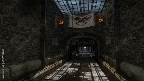 Dark moody tunnel in an old fantasy medieval castle. 3D illustration.
