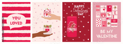 Set of Valentine s day greeting cards with candles, hands, gifts and lettering wishes. Happy Valentine s day posters, invitation. Zero waste eco gifts. Hand drawn vector illustration.