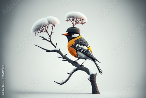 Obraz na płótnie Cute bird with hat on sitting on an branch, winter landscape, early spring backg