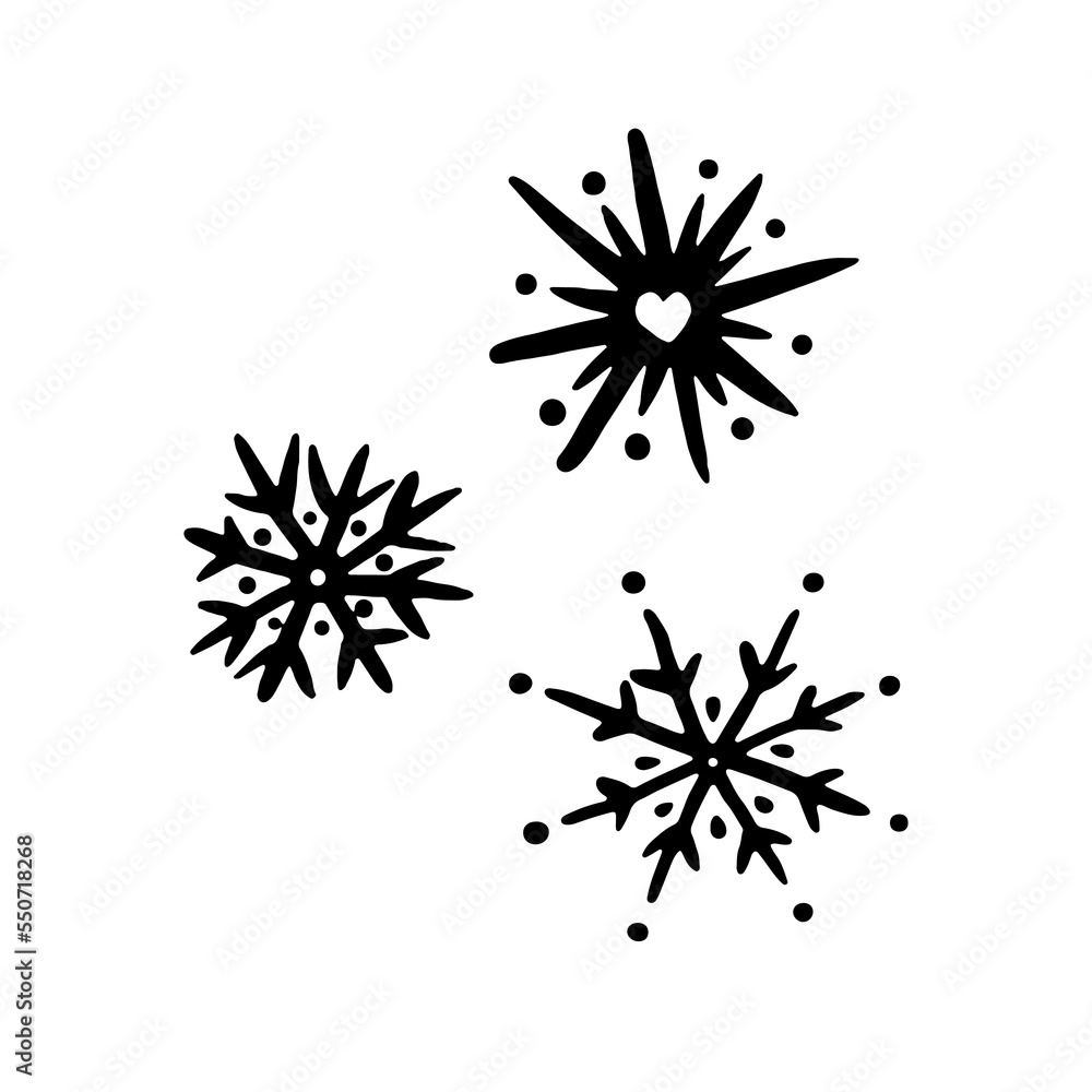 Winter christmas snowflakes. Snowflake hand drawn in doodle style. Happy New Year. Illustration for graphics, website, logo, icons, postcards