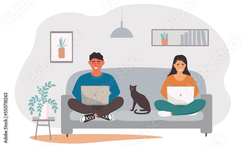 A guy and a girl are sitting on the couch with laptops. A person works online, studies, communicates remotely from home. The couple lives a virtual life. Vector graphics.