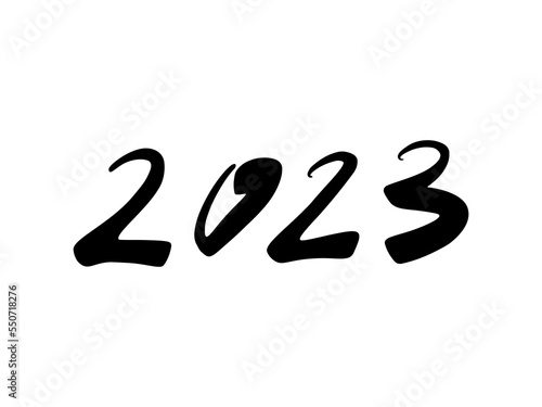 Happy New Year 2023 text design hand drawn in doodle style. Cover of business diary for 2023 with wishes. Brochure design template, card, banner. Vector illustration. Isolated on white background