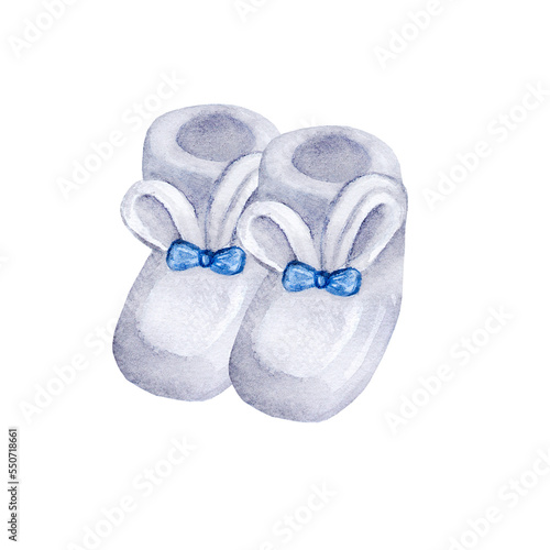 Babys booties with a blue bow for a boy. Art watercolor illustration isolated on white background.